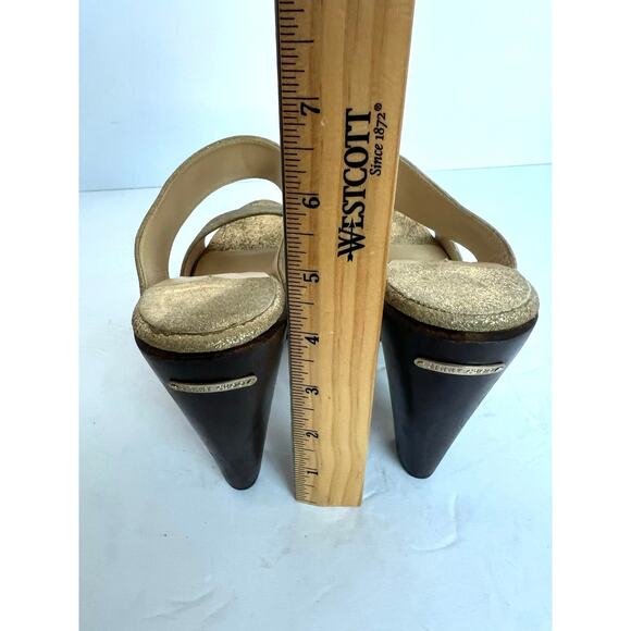 NWOT Jimmy Choo Ulrika Gold Glitter Slide Wooden Platform High Heel Sandals 8.5 - Picture 9 of 13